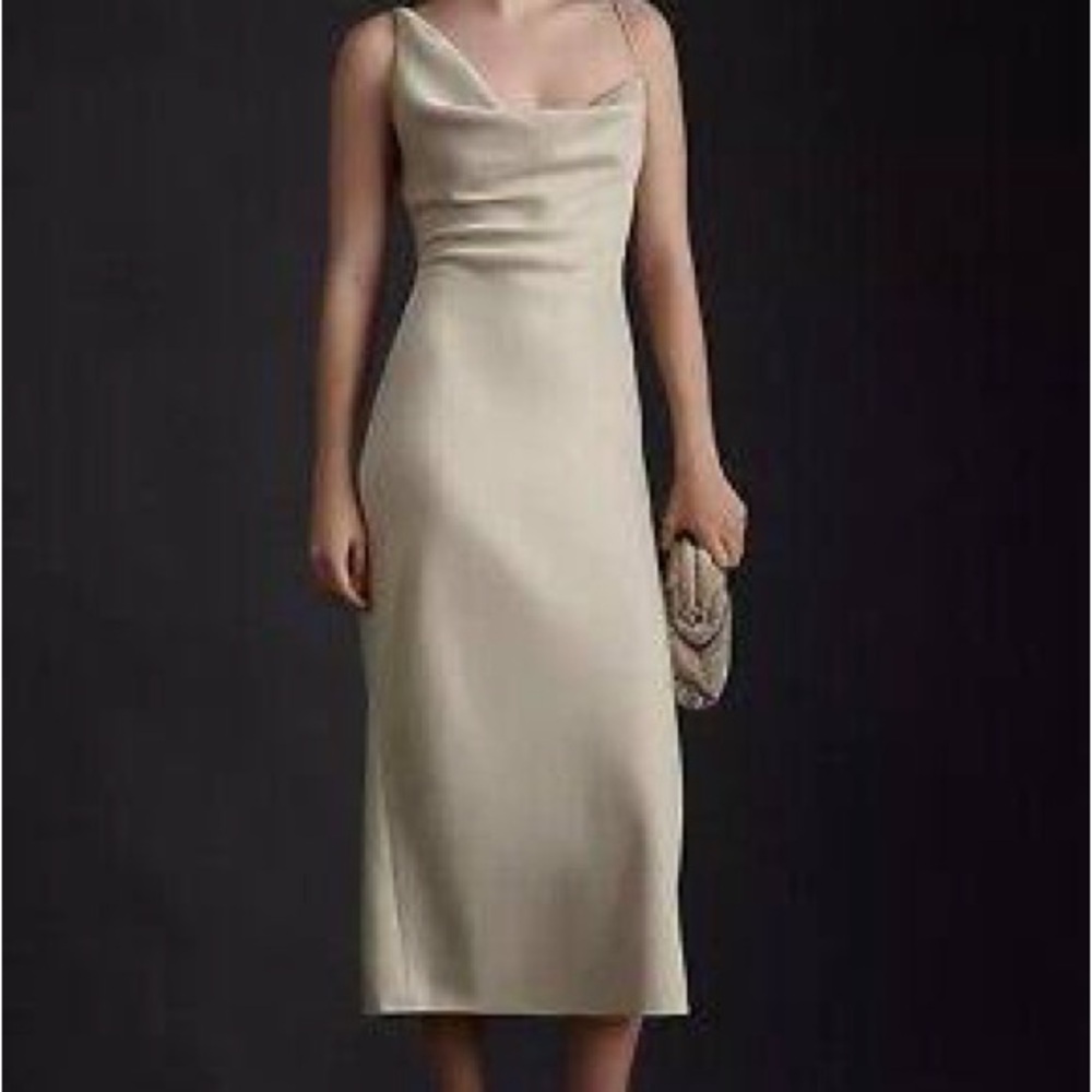 BHLDN Champagne August Satin Charmeuse Midi Dress Asymmetrical